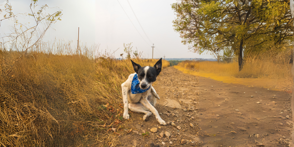 Dog on a road scratching his back