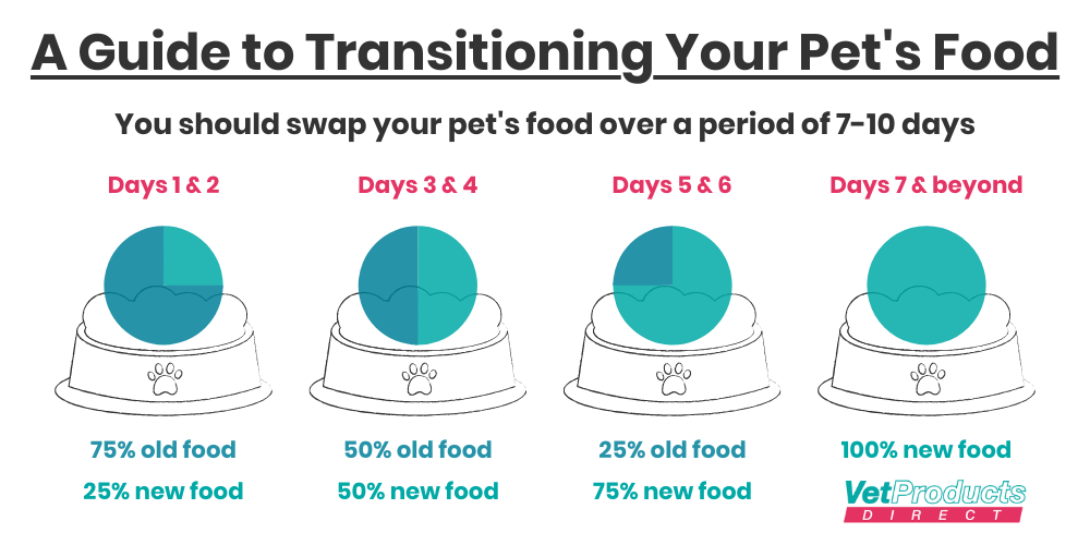 An infographic showing how a pet should be transitioned from one food on to another by slowly changing the amount of the new and old food
